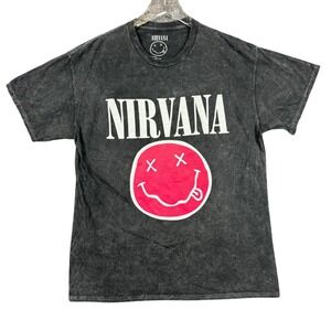 Nirvana Band Tee Mens Large Black Live '93 Tour T-Shirt Smiley Face Graphic NWOT